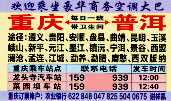 普洱到重慶名片正面